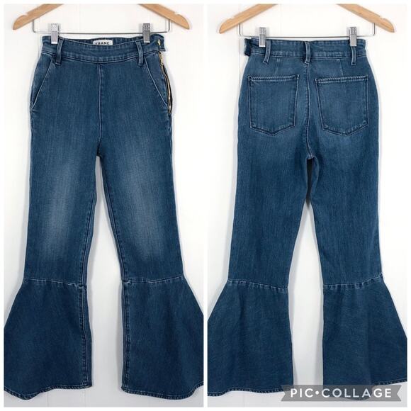 Frame Denim Flounce Flare Jean Crop High Rise Size 24 Copeland Blue Medium Wash - Picture 1 of 16